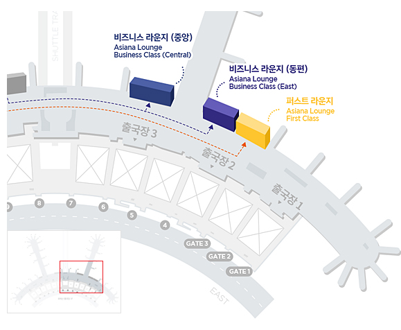 퍼스트, 비즈니스 라운지 위치안내 퍼스트 라운지 - 42번 탑승구 → 11번 탑승구, 비즈니스 (동편) - 28번 탑승구 → 11번 탑승구, 비즈니스 (중앙) - 28번 탑승구 → 26번 탑승구