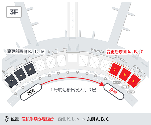 值机手续办理柜台 西侧 K、L、M 东侧 A、B、C 变更前韩亚俱乐部会员柜台 
