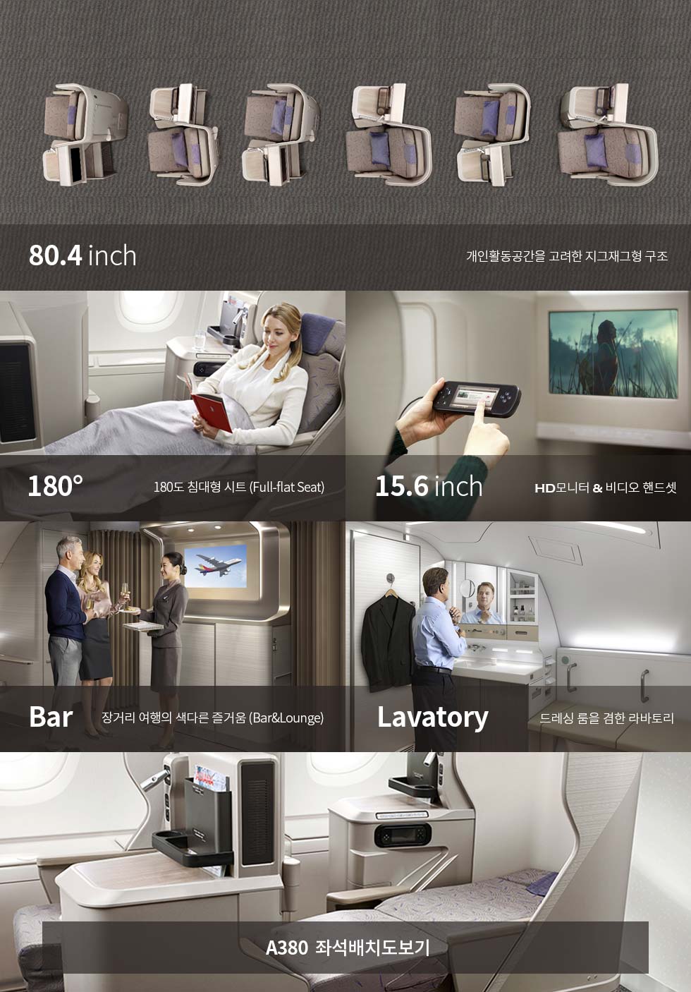 80.4 inch-개인활동공간을 고려한 지그재그형 구조 , 180。- 180도 침대형 시트 (Full-flat Seat), 15.6 inch- HD모니터 & 비디오 핸드셋, Bar - 장거리 여행의 색다른 즐거움 (Bar&Lounge), Lavatory 드레싱 룸을 겸한 라바토리