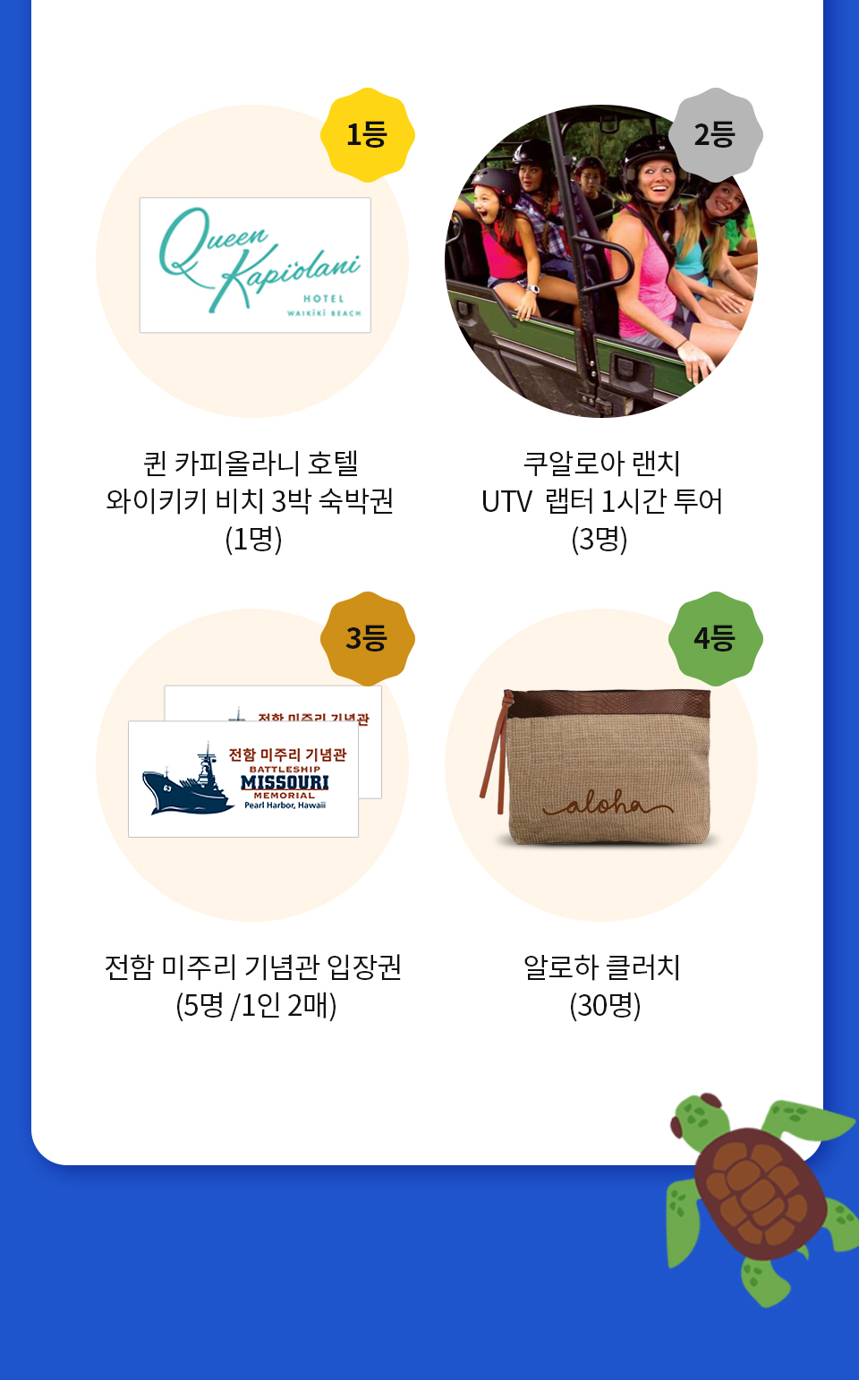 퀸 카피올라니 호텔 와이키키 비치 3박 숙박권(1명) / Kualoa Ranch UTV  랩터 1시간 투어(3명) / 전함 미주리 기념관 입장권(5명 /1인 2매) / 알로하 파우치 (30명)