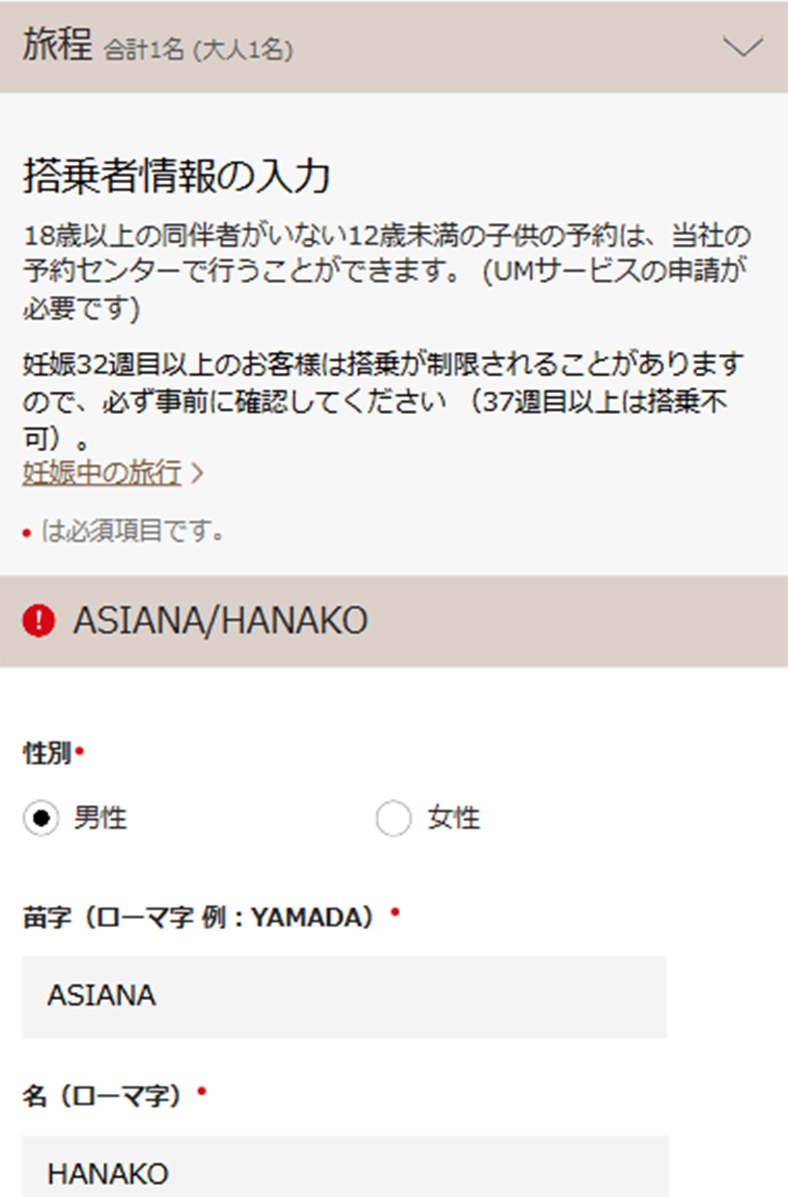 搭乗者情報の入力