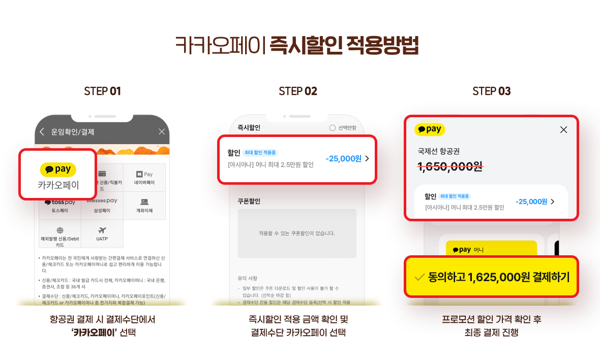 카카오페이 즉시할인 적용방법. STEP 01 항공권 결제 시 결제수단에서 카카오페이 선택, STEP 02 즉시할인 적용 금액 확인 및 결제수단 카카오페이 선택, STEP 03 프로모션 할인 가격 확인 후 최종 결제 진행